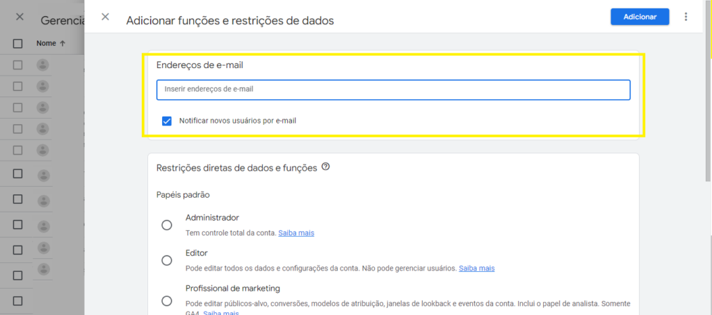 como compartilhar acesso ao ga4 inserir email